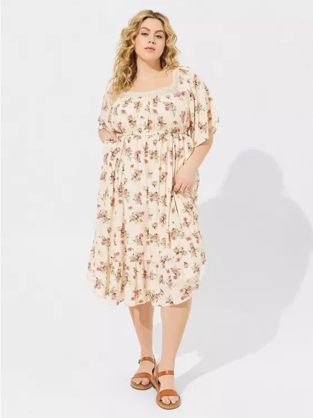 Torrid Cream Floral Square-Neck Midi Dress
